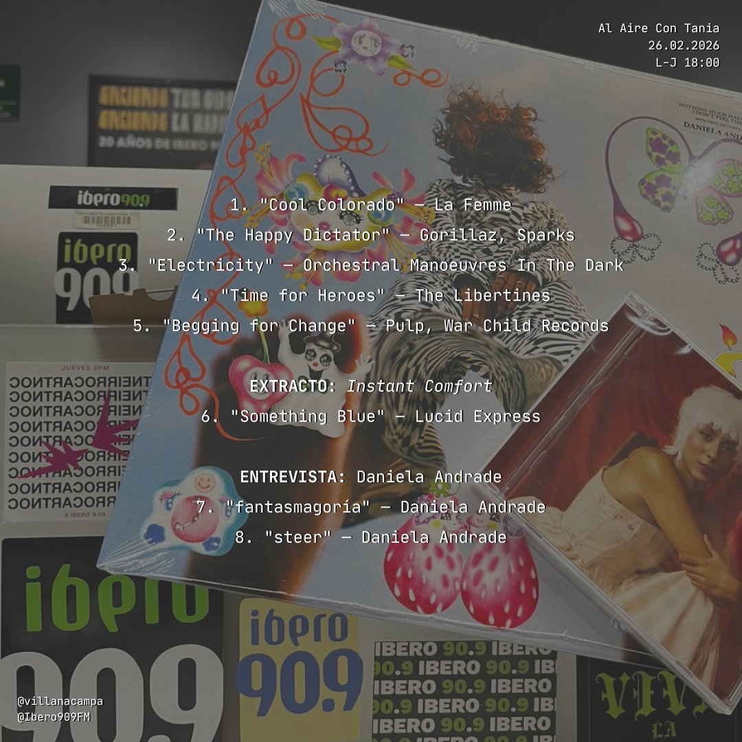 lo que sonó hoy en entrevista con Daniela Andrade <3

nos escuchamos el sábado de 5 a 7 para presentar el extracto y el lunes a las 6pm ;)