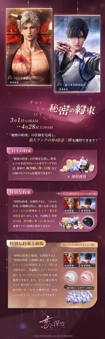 【秘密の約束】 「秘密の約束」の任務を完了して、 「約束レベル」をアップすると 星4思念:シン・にじむ薔薇色 星4思念:レイ・思うまま影を追う 共通帽子「黒曜石の国」 などの豪華報酬を獲得できます 詳細は画像をご確認ください 期間 3/1メンテ後-4/28 5:59 #恋と深空 #シン #レイ