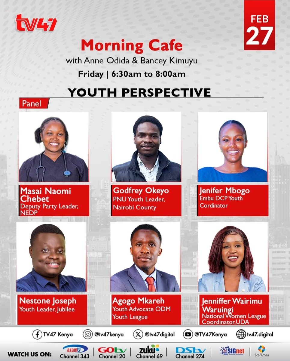 Real talk. Fresh voices. Big conversations. The youth take center stage on #MorningCafeTV47 as young leaders unpack issues shaping today’s generation. 

Join <a href="/anne_odida/">ANNE ODIDA🇰🇪</a>  and <a href="/MissKimuyu/">Bancey ✨✨</a> from 6:30 A.M- 8:00 A.M.