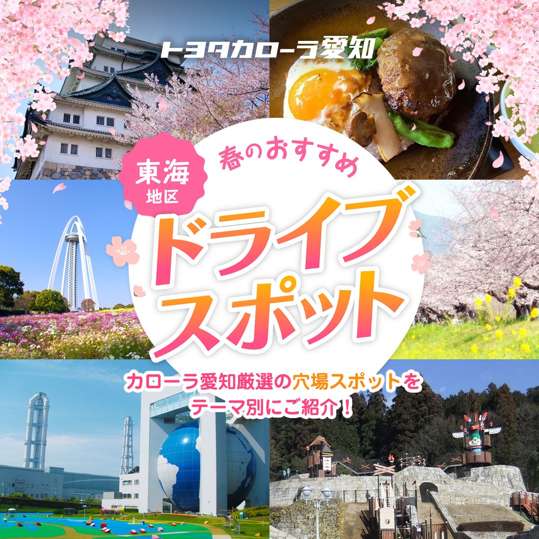 corolla_aichi's tweet photo. トヨタカローラ愛知より📣
春の東海ドライブ特集2026🚗🌸
桜・絶景・体験スポット満載👉 今年の春は東海を走ろう！
➡https://t.co/1ttLJdNIT6

#東海ドライブ #ドライブ #春旅 #おでかけ #桜スポット #家族時間 #ペットとお出かけ #カフェスポット #トヨタカローラ愛知 #トヨタ https://t.co/iS6DFYPYGE