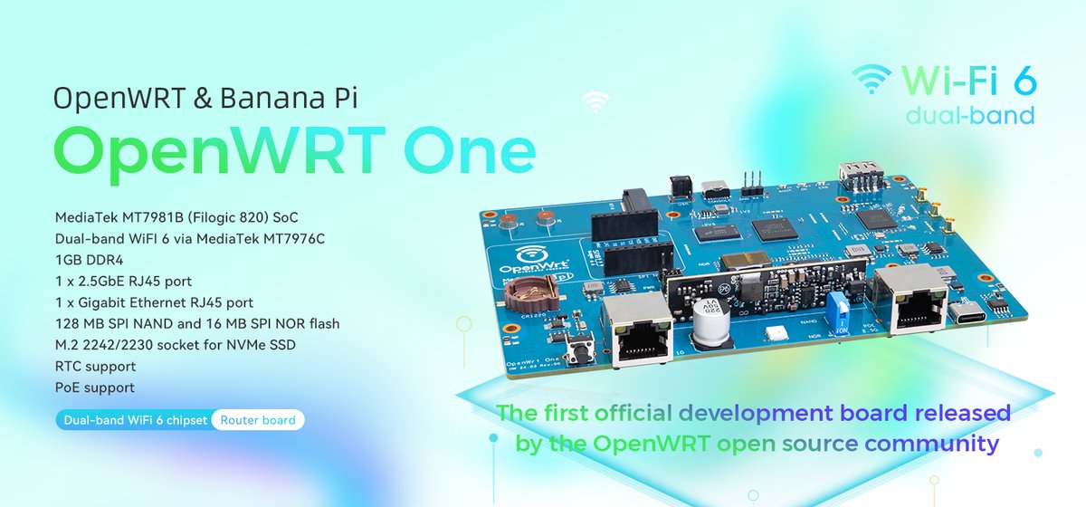 jolinzhou4's tweet photo. The OpenWrt One router board is officia @BananaPi.
✅ MediaTek Filogic 820 (MT7981B) SoC
✅ WiFi 6
✅ 1GB DDR4
✅ 2.5GbE WAN, 1GbE LAN, .2 NVMe, USB-C cons
📖 Full docs & specs: https://t.co/iWi2XWAhKm
#OpenWrt #BananaPi #WiFi6 #SBC #Networking #OpenSourceHardware #DIY https://t.co/hIUZwQbeP9