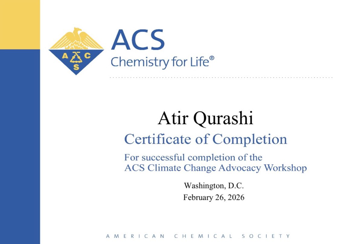 AtirNaeem's tweet photo. Certified in Climate Change Advocacy by the American Chemical Society (ACS). 🌍

Excited to turn knowledge into action—advocating for sustainable solutions and promoting green chemistry within my community and beyond.

#ACS #ClimateAction #ScienceAdvocacy #GreenChemistry https://t.co/N4YxAZ1qWM