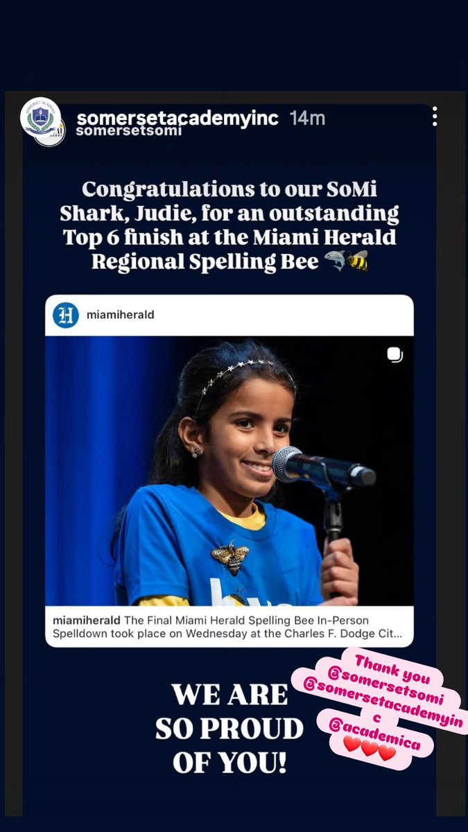 Amititolina's tweet photo. BIIIG SHOUT OUT to  JUDIE ELATTAR,  10, from @SomersetAcadInc for qualifying for the @MiamiHerald Spelling Bee, and becoming top 6, we are so proud of  you our queen🐝 @Academica #MiamiHerald #spellingbee https://t.co/BMxfus72GB