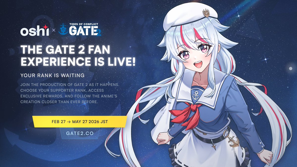 【The GATE 2 Fan Experience is live!】

For the first time, fans can be part of an anime's production while it's being made.

Choose your rank. Unlock rewards. Get closer to the creation of GATE 2 than any fan has before.

The campaign runs through May 27 JST.