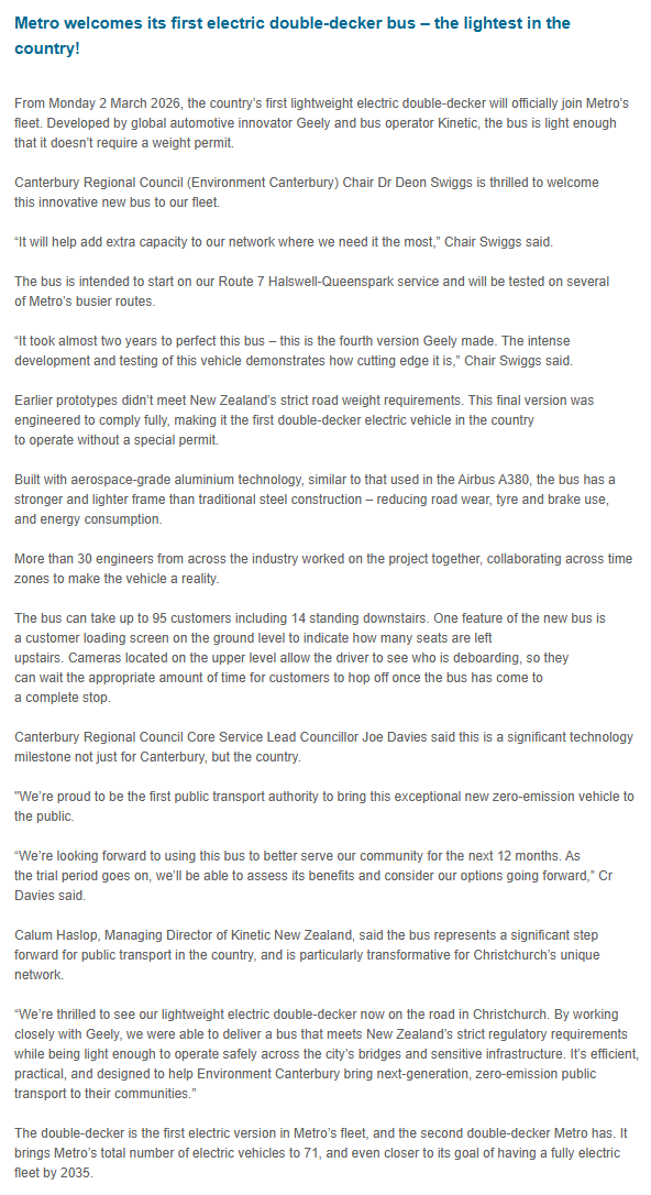 NZTransitBuzz's tweet image. #BusNews: From 2 March 2026, the country’s first lightweight electric double-decker will officially join Metro’s fleet.

The bus is intended to start on the Route 7 Halswell-Queenspark service and will be tested on several of Metro’s busier routes.