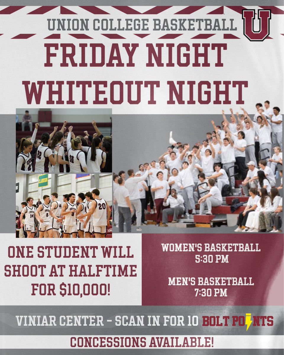 UnionAthletics's tweet image. 🏀 Two playoff basketball games
🏀 Two chances for students to win $10,000
🏀 Two chances to earn Bolt Points

We will see U on Friday night at Viniar! Wear white and root on @UnionCollegeWBB and @UnionMBB to victory!

#GoU #d3hoops #UnionCollege #UnionAthletics #Playoffs