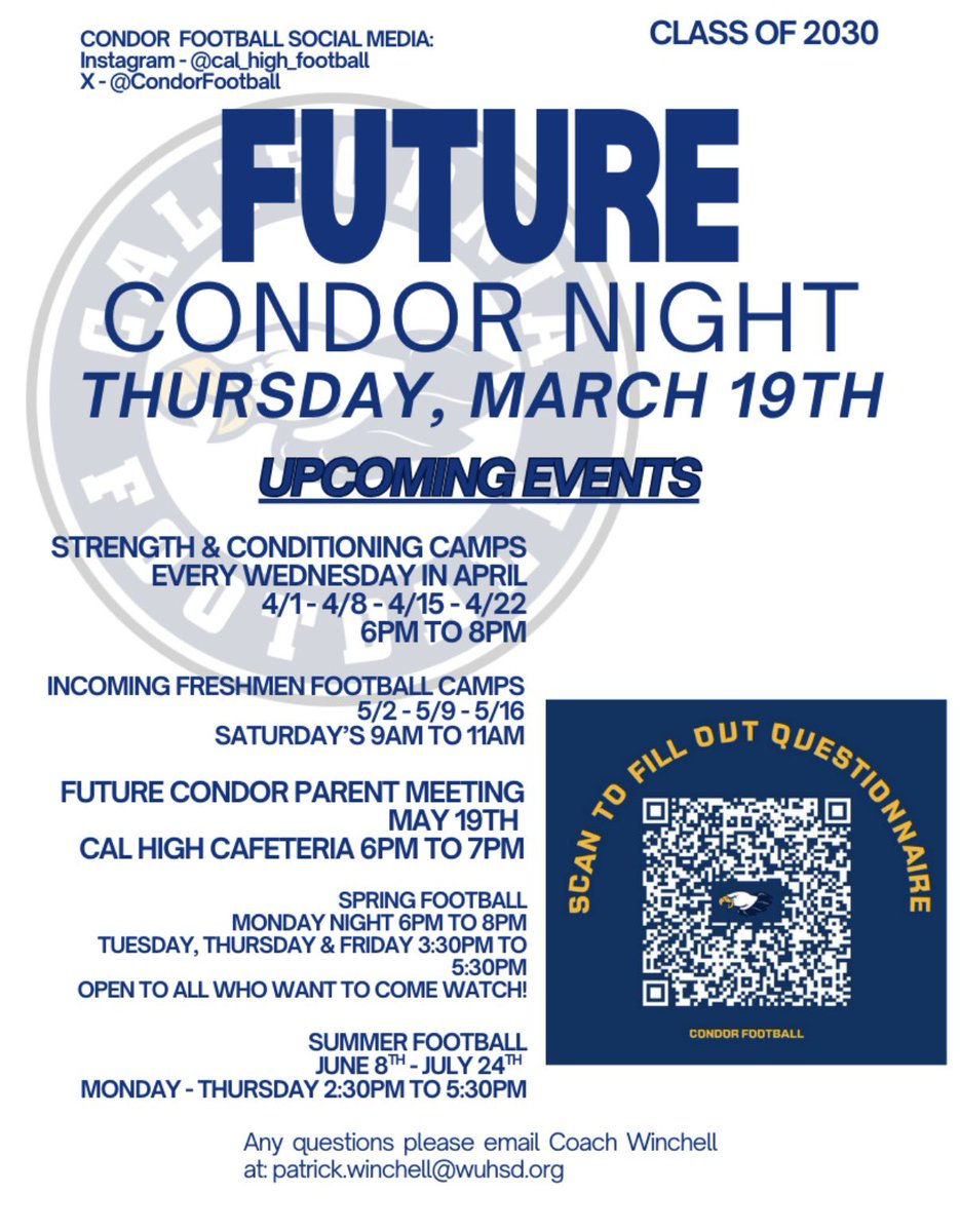 CondorFootball's tweet photo. Future Condor Night
Thursday, Match 19th 6pm
Come meet the Condor football coaching staff and see what’s being built! The excitement around a new league and the Upcoming Events! 
Scan the QR Code to fill out the questionnaire! https://t.co/XOsXQ63vJ6