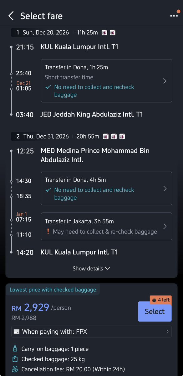 Flight Umrah Hujung Tahun 2026

Qatar Airways
KUL - Jeddah | Madinah - KUL
RM2,929

✅ Tiket termasuk bagasi 25KG pergi balik

✅ Contoh tarikh: 20-31 Disember 2026. Terus beli di sini 👉🏻 invl.me/cln9gxk