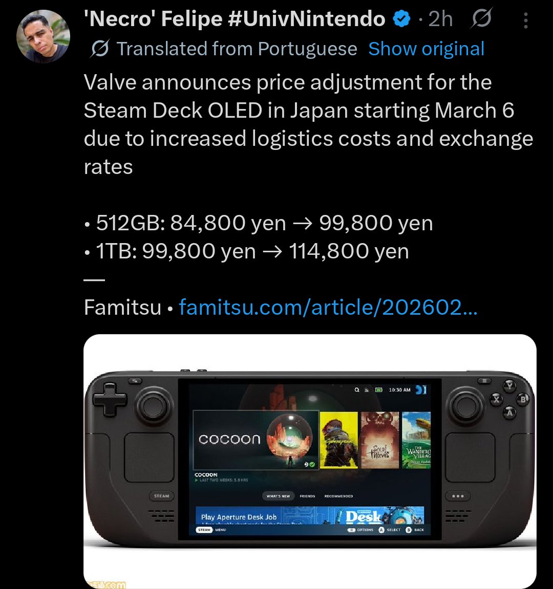 Steam Deck now costs around $640 / $740 in Japan. Via Famitsu