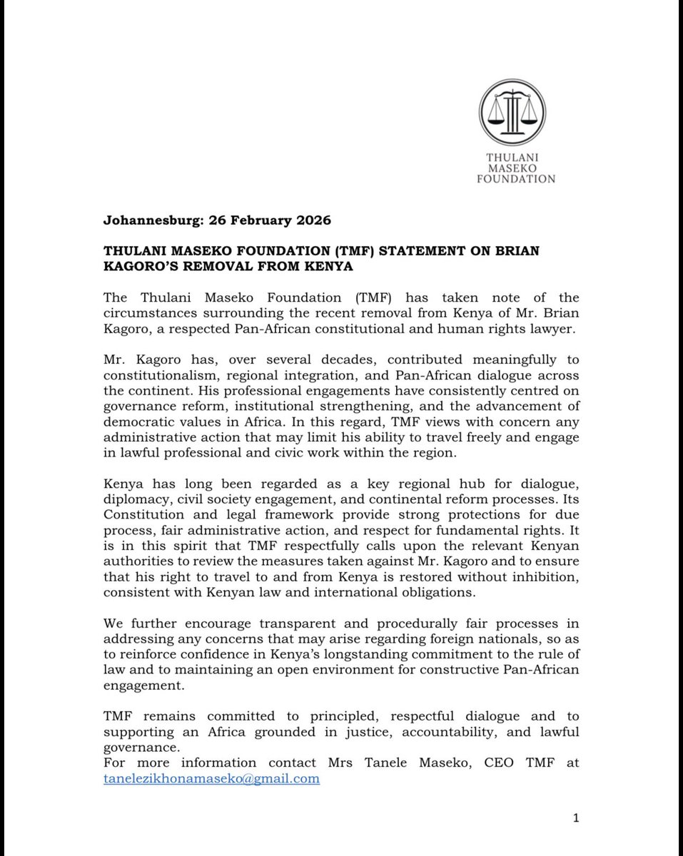 TMF_Legacy's tweet photo. Thulani Maseko Foundation has urged #Kenya to resolve deportation case of @TamukaKagoro77, a respected Pan-African constitutional and human rights lawyer.
 
Kagoro advocates for constitutionalism, regional integration, and Pan-African dialogue across the continent.
@tanele_maseko https://t.co/vFuE420KXD