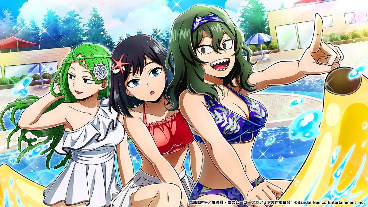 /／
『スペシャル季節
　ピックアップガシャ 第2弾』開催中！
\＼

▼ピックアップ
SR「バナナボート！」

プールでバナナボートに揺られる水着姿の塩崎茨、小大唯、取蔭切奈たち1年B組の3人を描いたメモリーが再登場！

期間:～3/3(火)23:59予定
#ヒロトラ #ヒロアカ
#僕のヒーローアカデミア