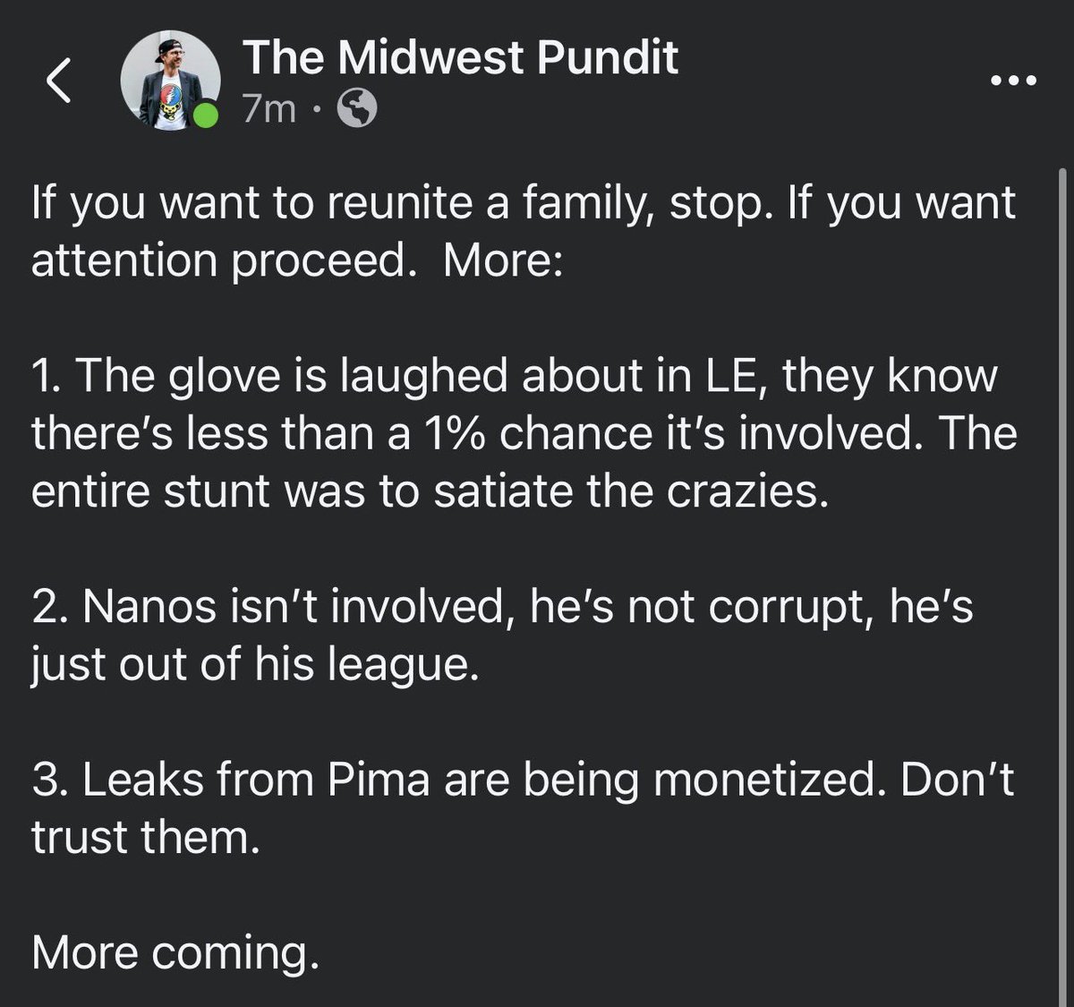 Amanda513_Texas's tweet image. February 18th The Pundit provided these updates on The Nancy Guthrie Case. A lot was dropped in a short amount of time. Take it with a grain of salt but you can go to his page and look at the comments involved with each post, if they still exist.  

Praying for Nancy Guthrie🙏