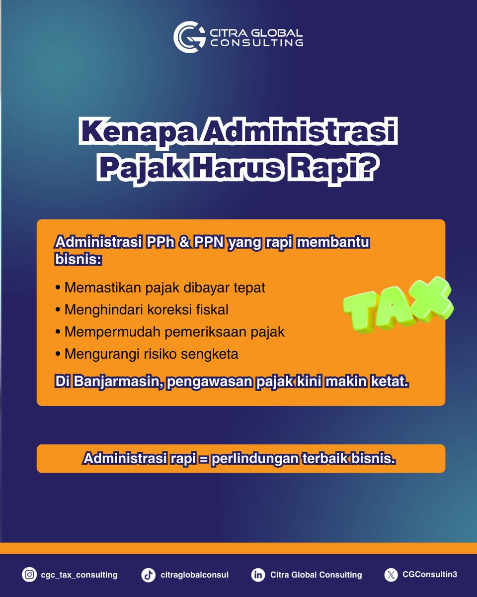 CGConsulting3's tweet photo. Bisnis di Banjarmasin bisa kena denda pajak hanya karena administrasi pajak yang tidak rapi!
Kelola PPh dan PPN dengan benar untuk menghindari masalah besar.
#PajakBanjarmasin #AdministrasiPajak #CGConsulting3 #PajakRapi #TaxReview https://t.co/TgzBkg7qOR