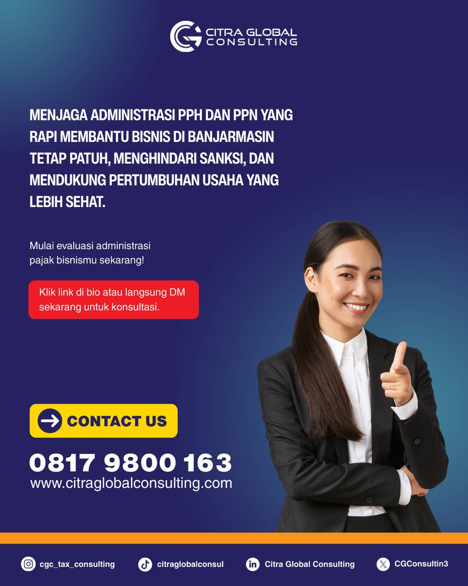 CGConsulting3's tweet photo. Bisnis di Banjarmasin bisa kena denda pajak hanya karena administrasi pajak yang tidak rapi!
Kelola PPh dan PPN dengan benar untuk menghindari masalah besar.
#PajakBanjarmasin #AdministrasiPajak #CGConsulting3 #PajakRapi #TaxReview https://t.co/TgzBkg7qOR