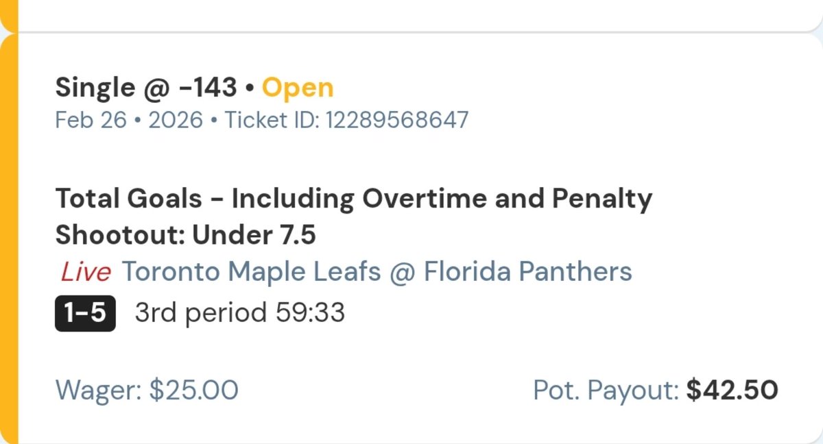 professorbetss's tweet photo. Live bet:
Leafs @ Panthers
Under 7.5 (-143)
Score: 5β1
59:33 in the 3rd
Six goals on the board. Needed 7 or less.
Numbers said pace would cool late β and it did. Discipline > emotion.
$25 β $42.50
#ProfessorBets #NHLBetting #LiveBetting #BankrollManagement https://t.co/XKTRd3Foqr