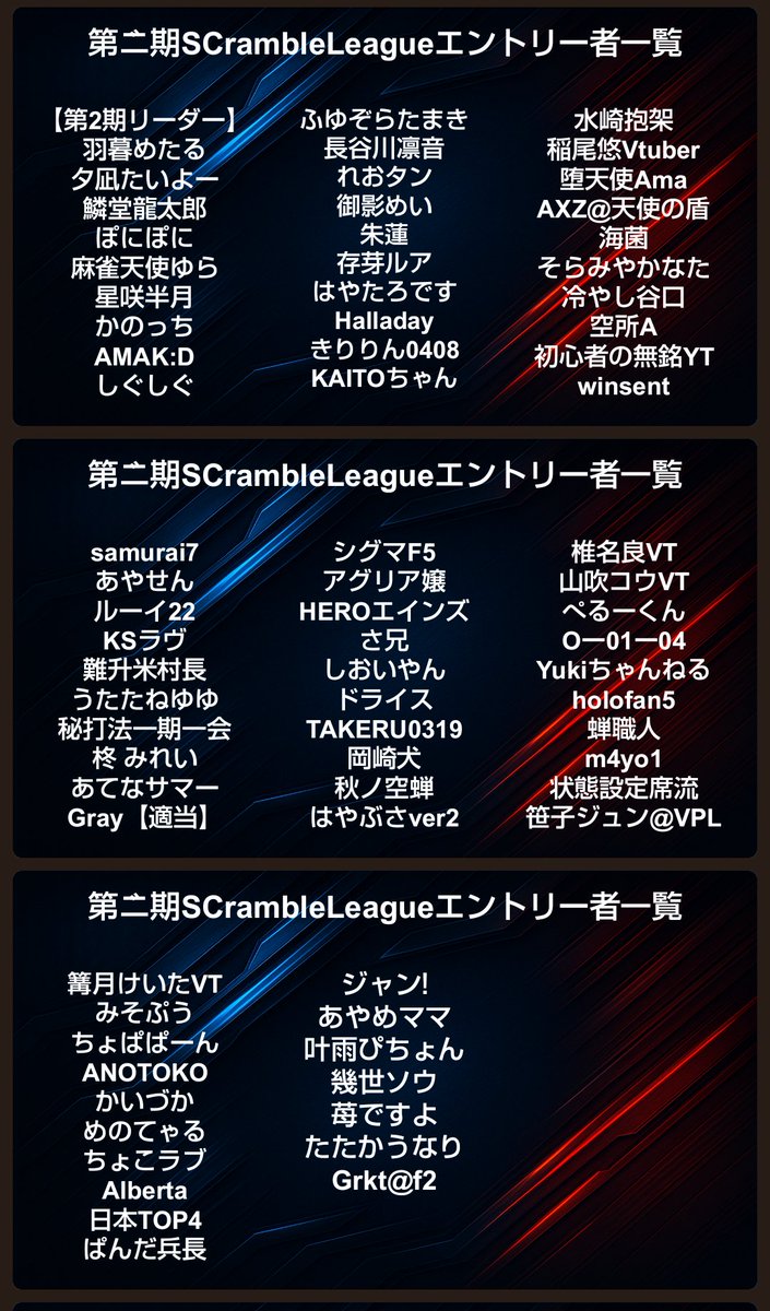 #第2期SCrambleLeague

現在のエントリー者一覧です！
エントリーは3月1日まで！