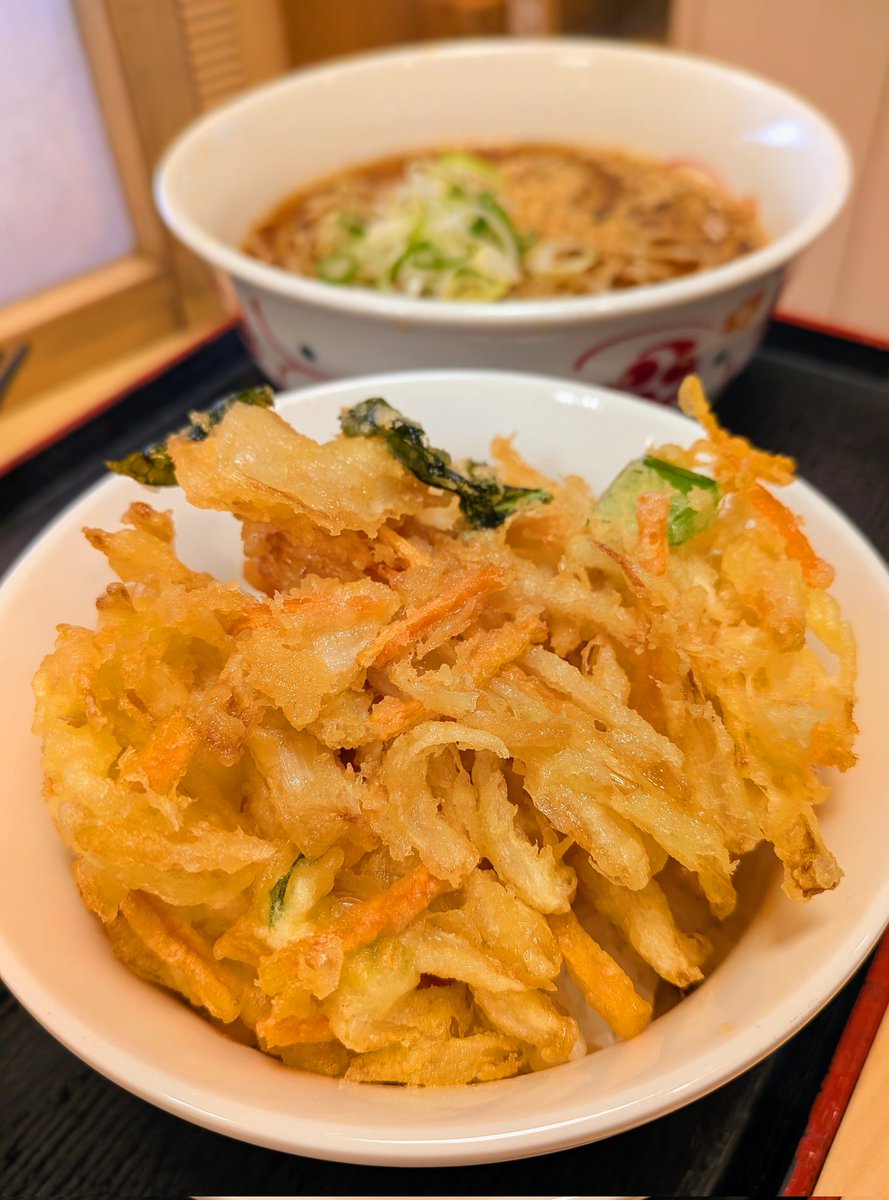 🌤️ランチ🍙　駅そば🥢
温そばミニかき揚げ丼🍜
白ゴマたっぷりふりかけ満足👍️