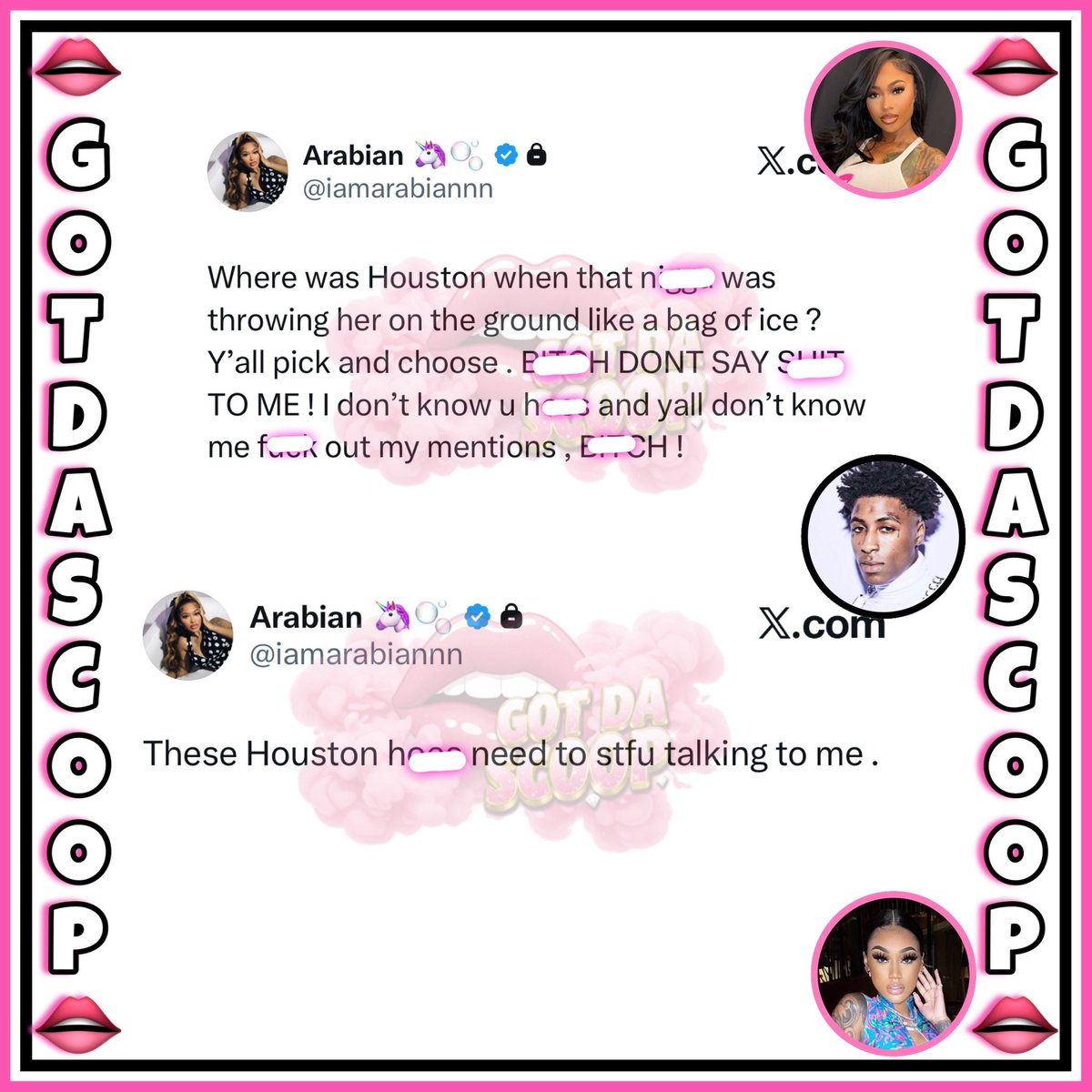 GotDaScoop's tweet image. Arabian over there seemingly shading Jania Meshell’s previous domestic violence incident with NBA YoungBoy. 👀

“Where was Houston when that n*gga was throwing her on the ground like a bag of ice ? Y'all pick and choose. B*TCH DONT SAY SH*T TO ME! I don't know u hoes and yall