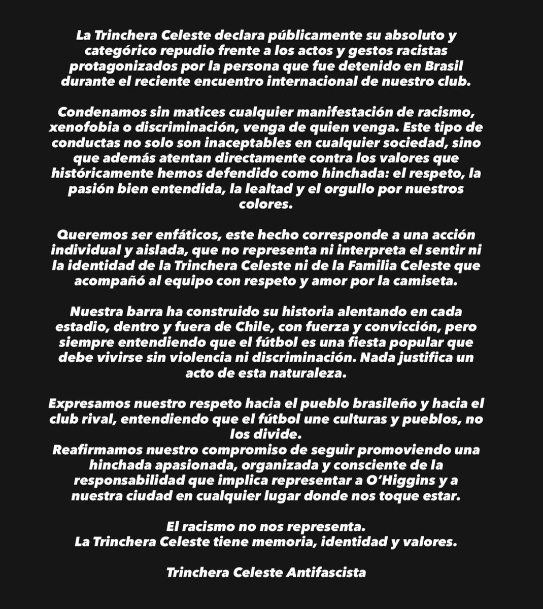 El racismo no nos representa.
La Trinchera Celeste tiene memoria, identidad y valores.

👊 Trinchera Celeste Antifascista 👊