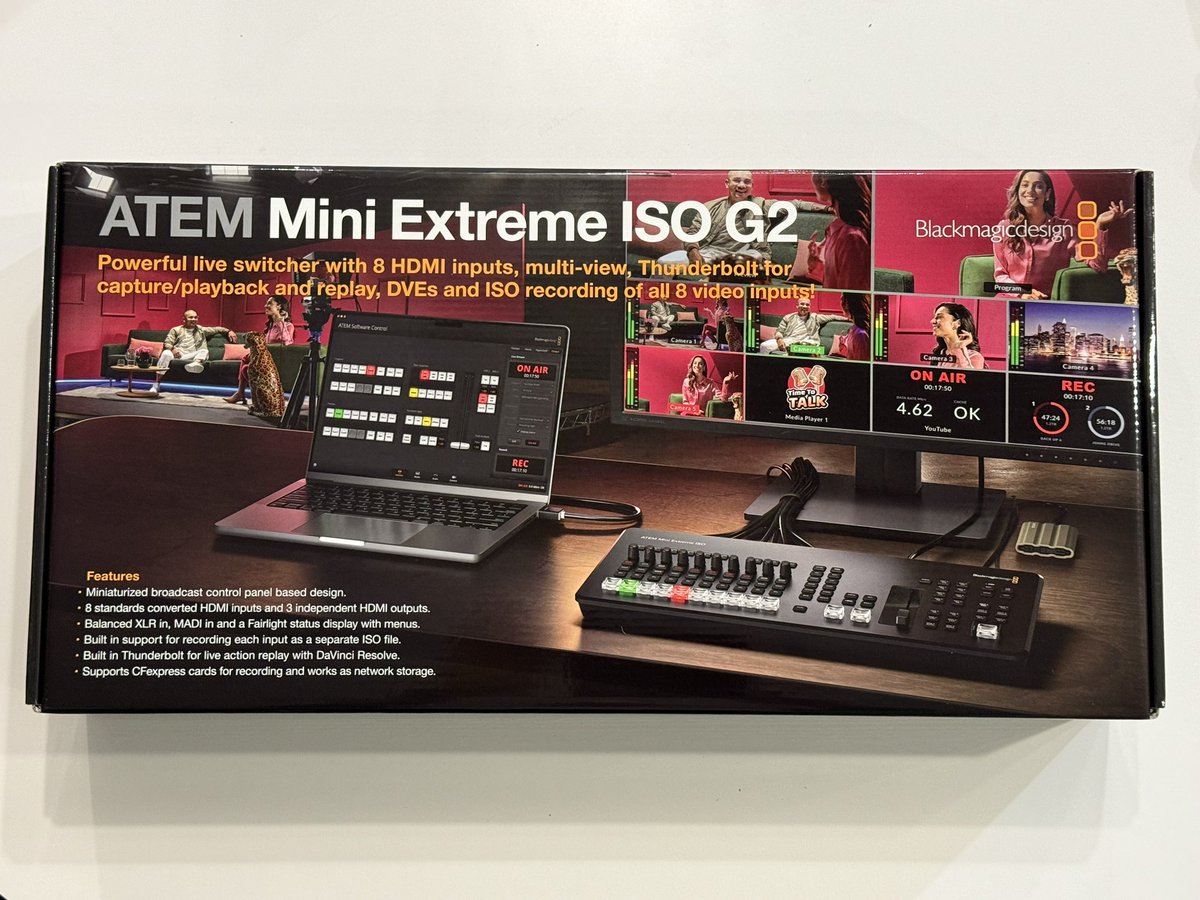 HokushoM's tweet photo. うちのゼミ室にBlackmagic Design「ATEM Mini Extreme ISO G2」が届きました✨
8HDMI入力・ISO録画・Thunderbolt対応の本格ライブスイッチャー🎬
そしてこの機材のデビュー戦は、今度の卒業式。
最高の晴れ舞台を、最高の映像でお届けできるよう全力で準備します🌸🎓
#BlackmagicDesign #ATEMMini #卒業式 #映像制作 #開封の儀