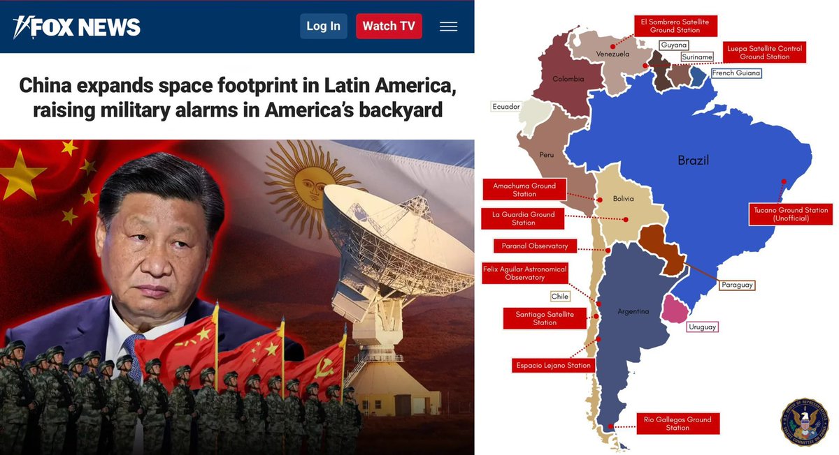 🚨美国紧盯中共在拉丁美洲卫星控制

美媒爆出中国已获得对拉丁美洲广泛两用空间基础设施网络的控制权。

至少有11个与中国相关的空间设施，包括地面站、射电望远镜和卫星激光测距站，分布在阿根廷、委内瑞拉、玻利维亚、智利和巴西境内。这些设施具备两用能力，并与众多解放军相关实体相连。