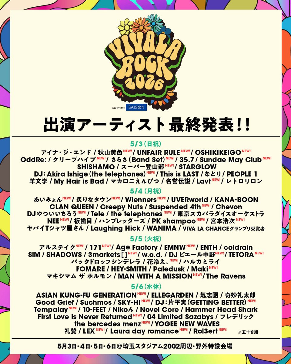 SKYHI_STAFF's tweet photo. 🎪FES出演情報

「VIVA LA ROCK 2026」@vivarockjp
@ 埼玉スタジアム2002周辺・野外特設会場

5/6(水・休) SKY-HI出演決定！

🎫ビバラ公式アプリにて
第2次先行先着販売中

https://t.co/hd8DxGchQ0

#ビバラ #SKYHI
@SkyHidaka https://t.co/Ngt9CuvLfS