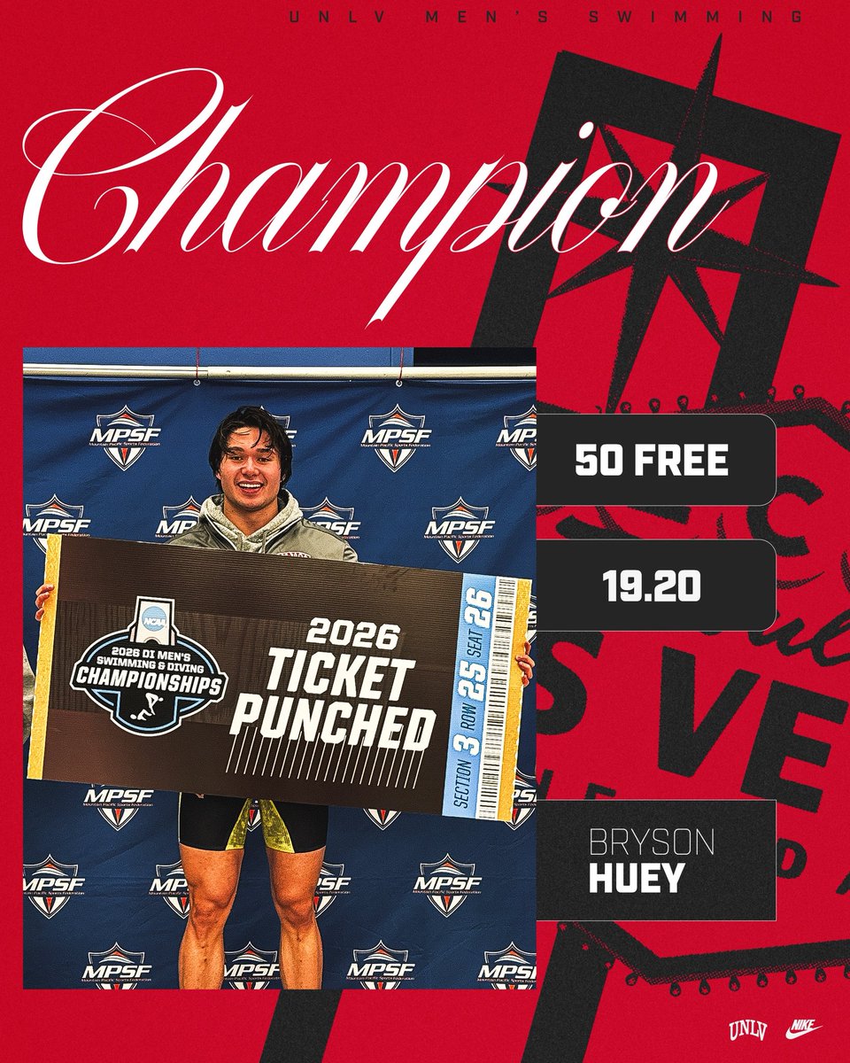 UNLV_Swim_Dive's tweet photo. HE’S OFF TO ATLANTA‼️Bryson Huey won the 50 free conference title 🥇 (19.20) and automatically qualified for the NCAA Championships😮💨
#JustGoOff https://t.co/eM8eKxEcSX