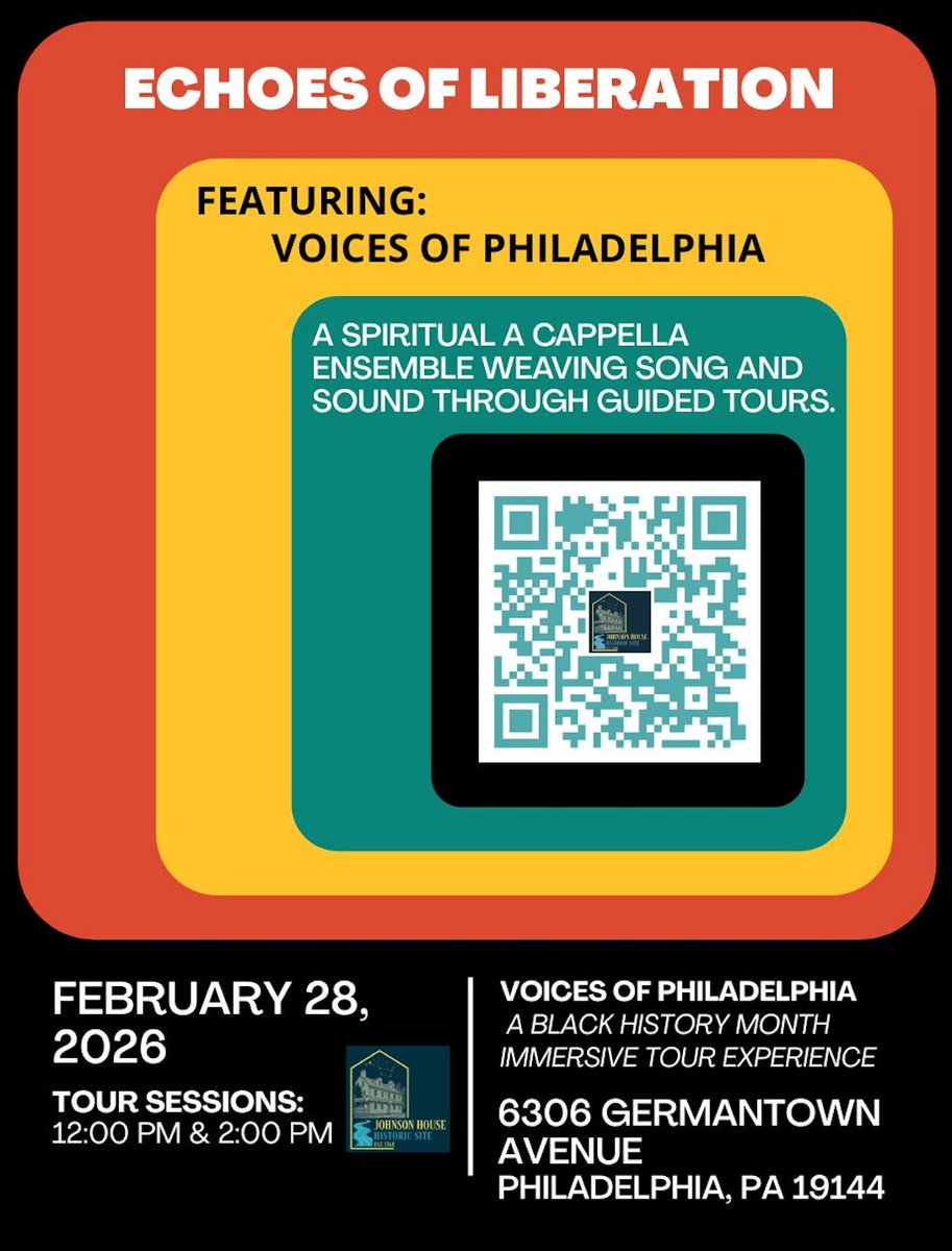 JohnsonHouse215's tweet photo. February 28 - One Day Away

Experience history through sound.

🎶 Echoes of Liberation
📍 Johnson House Historic Site
🗓️ Feb 28 | 12 PM &amp; 2 PM
Featuring Voices of Philadelphia
Black History Month immersive tour experience.
🎟️ Tickets: https://t.co/jIued3DQsP
#BlackHistoryMonth https://t.co/rhlKa7KYTG