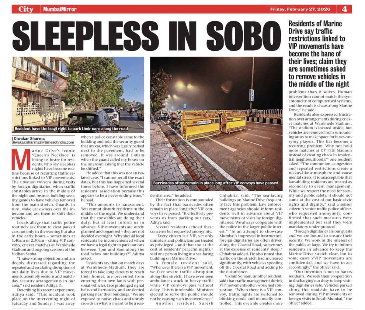 DiwakarSharmaa's tweet image. SLEEPLESS IN SOBO: Residents of #MarineDrive say traffic restrictions linked to #VIP_movements have become the bane of their life; claim they are sometimes asked to #remove vehicles in the #middle of the #night. Traffic police said they are following the #protocol