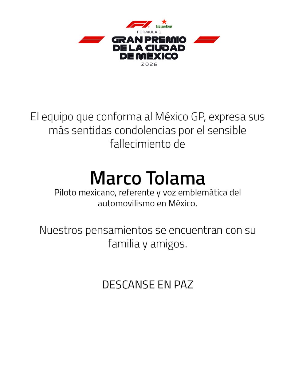 El México GP lamenta el fallecimiento de Marco Tolama, una de las figuras más importantes en la historia del automovilismo mexicano. 

Piloto, narrador y referente; se le recordará por ser una de las voces más respetadas del gremio. 

Descanse en paz.