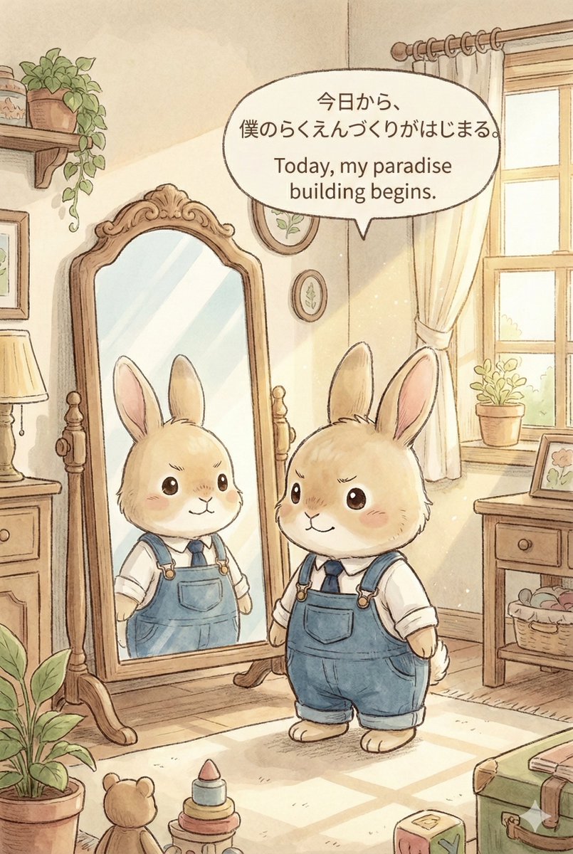 paradise4rabbit's tweet photo. 今日から、僕のらくえんづくりがはじまる。

朝日に手をかざして、決意をあらたにするテオ。

けれど、最初の一歩はふかふかの芝生ではなく、ぬかるんだ泥のなかでした。

ぴかぴかのスコップと、どろだらけのネクタイ。

テオの本当の戦いがはじまります。🐰🌱

#うさぎのらくえん https://t.co/uMJ2ztHOrR