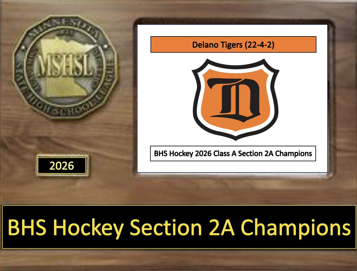 ClassAHockeyGuy's tweet photo. BHS Hockey Section 2A Championship  
#2 Blake 2
#1 Delano 6
Final  
Delano knocks off Blake tonight. The Tigers pulled away late as their top line of Halonen, Halonen & Kangas was the difference, and they carried Delano back to State for the first time since 2021!