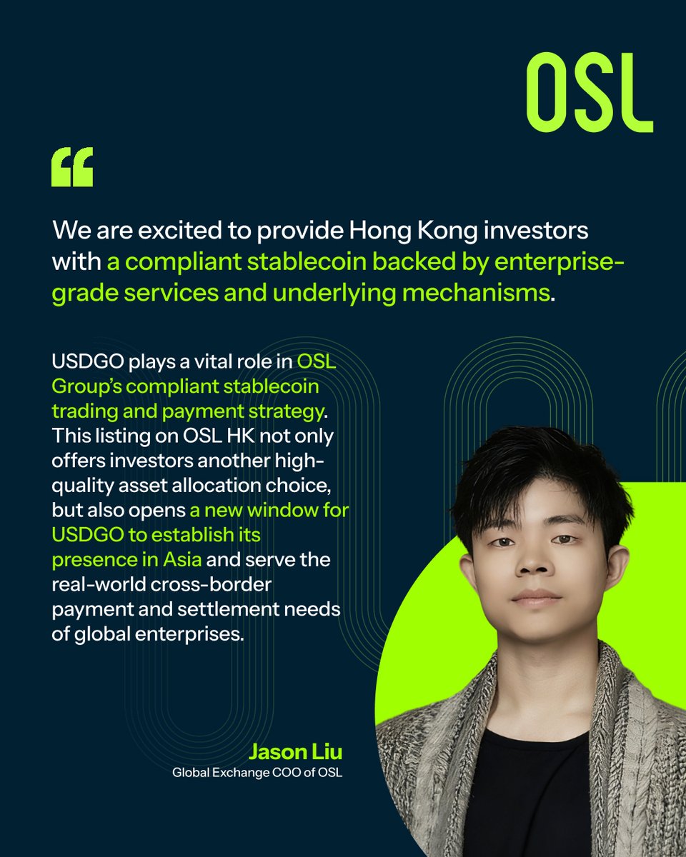 With USDGO <a href="/usdgo_official/">USDGO</a> listed on <a href="/OSL_HK/">OSL HK</a> , Jason Liu, Global Exchange COO of OSL, highlighted its strategic role in our compliant stablecoin trading and payments roadmap.

USDGO brings enterprise-grade infrastructure and regulatory clarity to Hong Kong — supporting real-world
