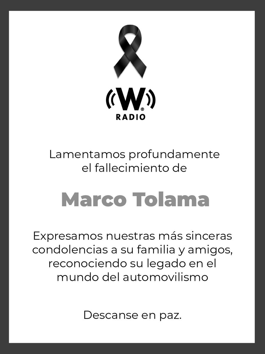 Quienes integramos Radiópolis lamentamos profundamente el fallecimiento de <a href="/MarcoTolama/">Marco Tolama</a> .
Nos unimos con respeto y solidaridad a la pena que embarga a su familia, amigos y a la comunidad del automovilismo mexicano, reconociendo su legado, profesionalismo y pasión que marcaron a