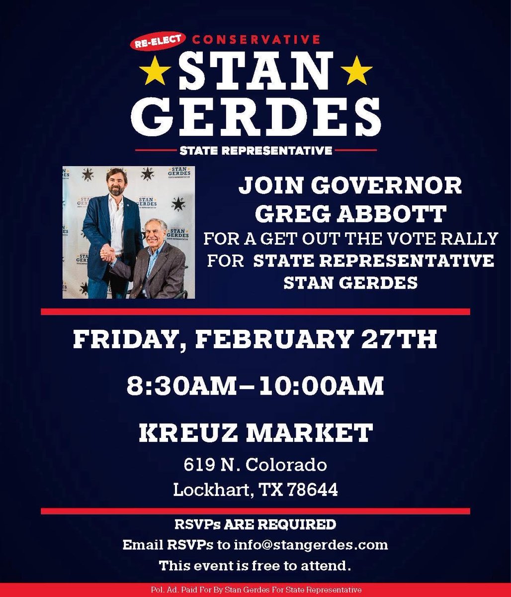 StanGerdesforTX's tweet photo. ๐ฅ KICK OFF THE LAST DAY OF EARLY VOTING ๐ฅ
Join Governor @GregAbbott_TX and Representative Stan Gerdes tomorrow morning in Lockhart for a Get Out The Vote Rally as we finish Early Voting strong! ๐บ๐ธ #txlege #HD17 https://t.co/GJfBDPuKZb