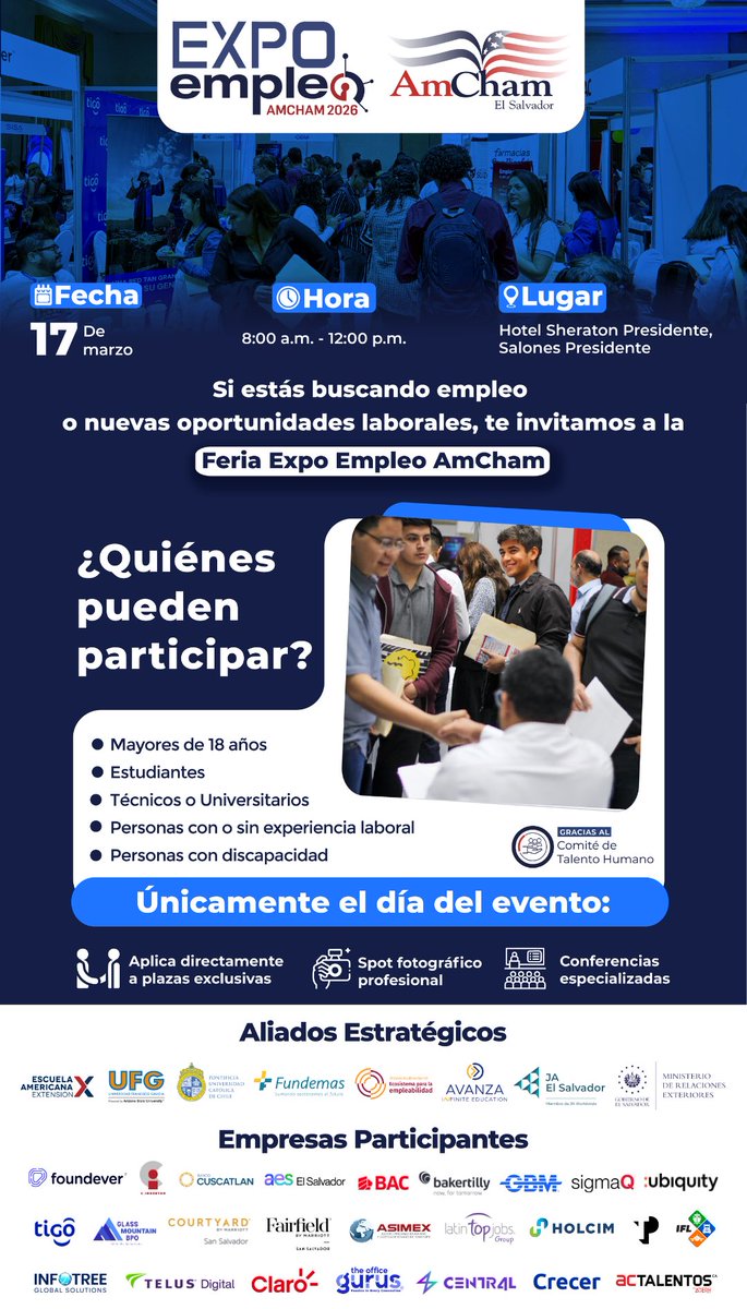 La Cámara Americana de Comercio de El Salvador - AmCham y su Comité de Talento Humano, le invitan a participar en la FERIA EXPO EMPLEO AMCHAM 2026.
 
Lo invitamos a inscribirse en el siguiente enlace: amchamsal.com/expo-empleo-20…
