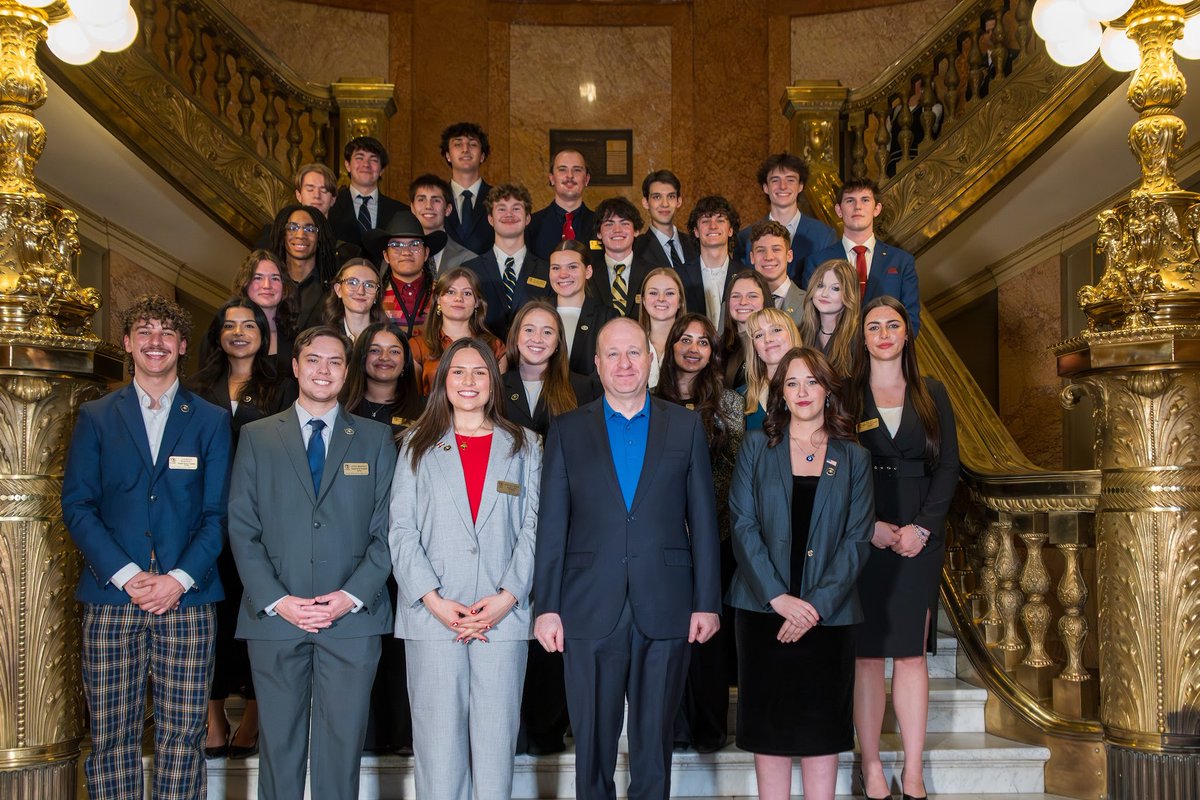 GovofCO's tweet photo. Thrilled to welcome University of Colorado Student Government (@cusgboulder) to the Colorado State Capitol! Student leaders, including Student Body Presidents John Masulit, Camden Sharkey, and Gianna Guido, stopped by the rotunda to connect, share ideas, and showcase the next generation of Colorado leaders.