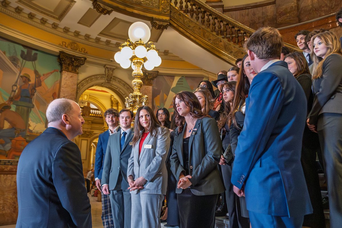GovofCO's tweet photo. Thrilled to welcome University of Colorado Student Government (@cusgboulder) to the Colorado State Capitol! Student leaders, including Student Body Presidents John Masulit, Camden Sharkey, and Gianna Guido, stopped by the rotunda to connect, share ideas, and showcase the next generation of Colorado leaders.