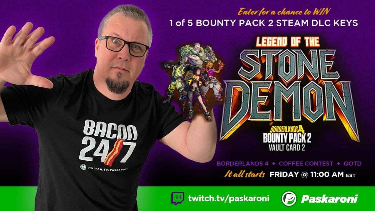 paskaroni_'s tweet photo. What's better than 1 day of Giveaways?
Let's say 2 days of Giveaways!

Thanks to @2Kgames for 5 - Bounty Pack 2 Steam DLC Packs. 

Join me tomorrow for a full day of @Borderlands 4

⭐️ Friday @ 11:00 am EST
https://t.co/bvtE3uN78h

#VaultNetworkPartner https://t.co/NpgyXuK2B5