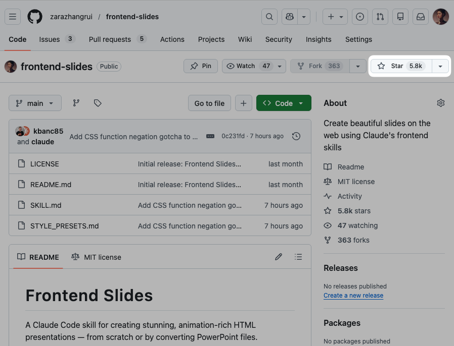 zarazhangrui's tweet photo. It's insane that I (a non-coder) got 5.8k stars on Github for a skill I built 😲

Below is an example of a presentation I vibe coded using the skill https://t.co/KAkmsSwEUZ