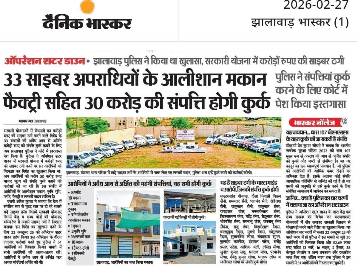 अब संपत्ति कुर्की की बारी !

झालावाड़ पुलिस ने ऑपरेशन शटरडाउन के तहत अब तक 51 गिरफ़्तारियाँ की । भारी संख्या में डिजिटल डिवाइस जब्त हुए । अब इनकी करोड़ों की संपत्ति जो अवैध तरीके से बनाई है, उसका इश्तगाशा माननीय न्यायालय में पेश किया है । यह केस इसलिए भी सवेंदनशील है कि सरकारी धन