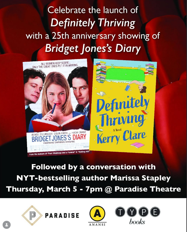 DannaBananas's tweet photo. "Celebrate the launch of DEFINITELY THRIVING, by KC, with a special 25th-anniversary showing of BRIDGET JONES'S DIARY, the iconic film starring Renée Zellweger, Colin Firth, & Hugh Grant, at Paradise Theatre in on Thursday March 5. 🎉"
#TypeBooks #books #SupportSmallBusiness https://t.co/0e0M1GEdfv