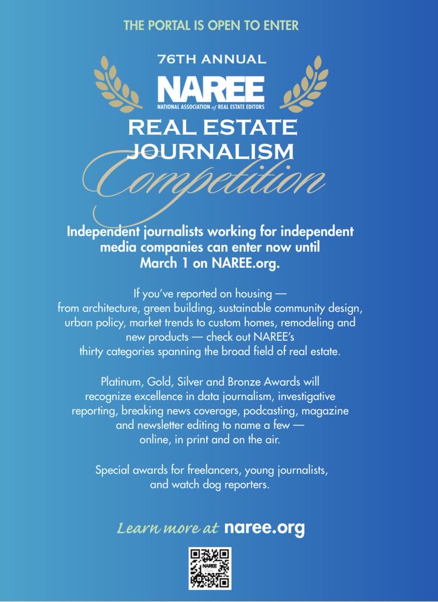 NAREE’s Journalism Contest deadline is March 1. 
Enter on naree.org - 30 categories for reporters &amp; editors covering business, finance, development, mortgages, home buying/selling, multifamily, architecture, affordable housing &amp; other real estate topics. #Journalism