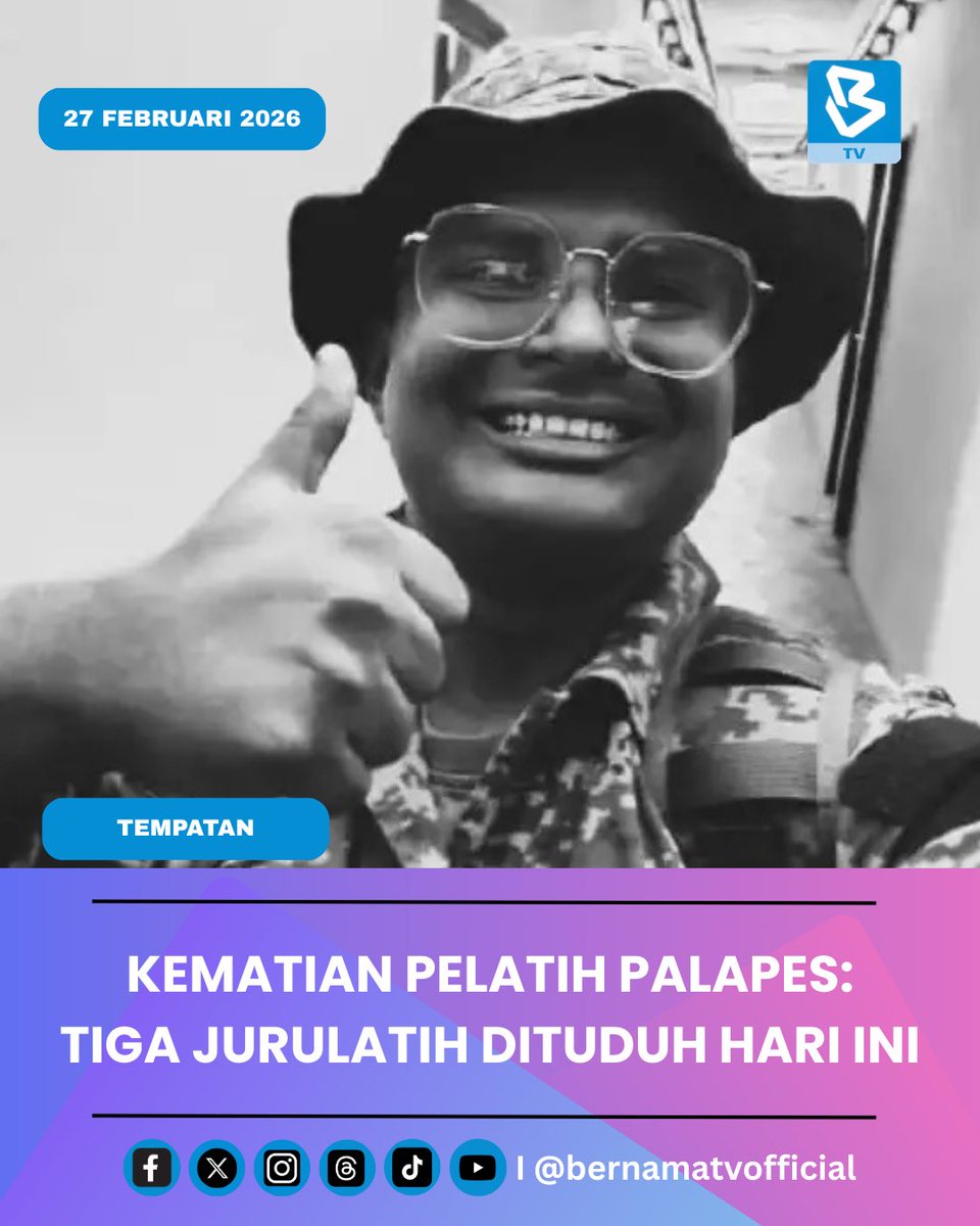 BernamaTV's tweet photo. Tiga jurulatih Pasukan Latihan Pegawai Simpanan (PALAPES) akan didakwa di Mahkamah Sesyen Kota Tinggi, Johor hari ini berhubung kes kematian pelatih, Syamsul Haris Shamsudin.
#digitalbernamatv #pdrm #palapes #syamsulharis https://t.co/bI2ATY2Shk