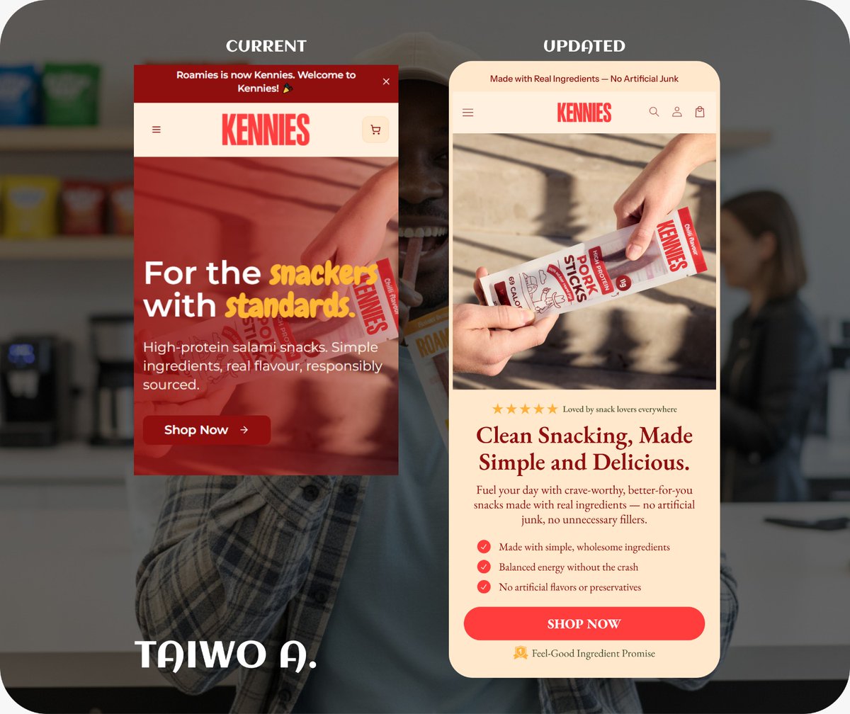 AjeigbeTai86364's tweet image. Before → After
Redesigned this mobile hero for better clarity, trust, and conversions.
Cleaner layout. Stronger CTA.
Built in @figma 
#UIUX #UIDesign #Figma #Ecommerce #CRO