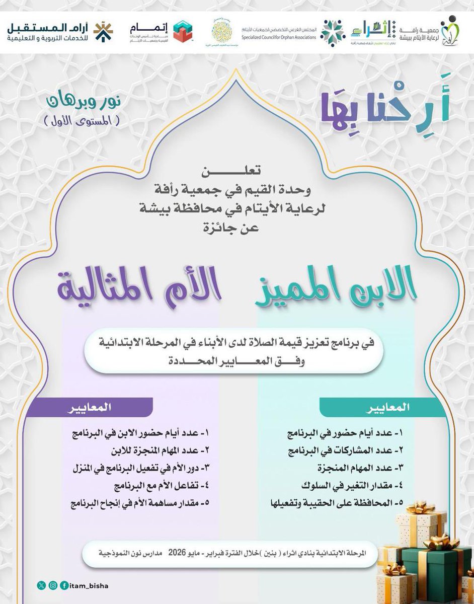 #برنامج_ارحنا_بها 
نورٌ وبرهان (المستوى الأول)
#تعلن وحدة القيم بجمعية #رأفة لرعاية الأيتام ببيشة عن جائزة
«#الابن المميز .. #الأم المثالية»
ضمن برنامج تعزيز قيمة #الصلاة لطلاب المرحلة الابتدائية، وفق معايير الحضور، المشاركة، الإنجاز، التفاعل، والتغيير السلوكي.
خلال شهري
فبراير –