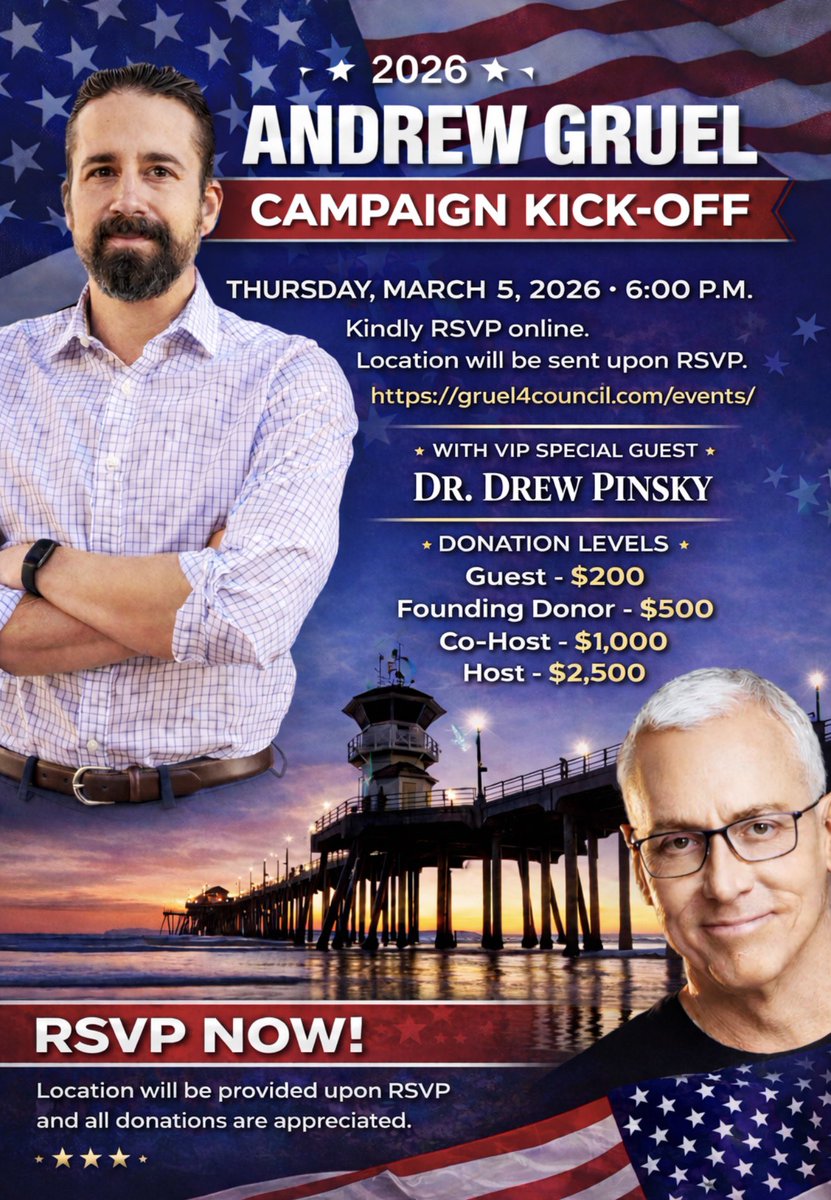 On March 5th, I’m officially launching my 2026 campaign for Huntington Beach City Council and I’m honored to have Dr. Drew joining us. <a href="/drdrew/">Dr. Drew</a> 

This campaign is about keeping decisions LOCAL. Protecting our beaches and parks.
Supporting small businesses. And keeping common sense