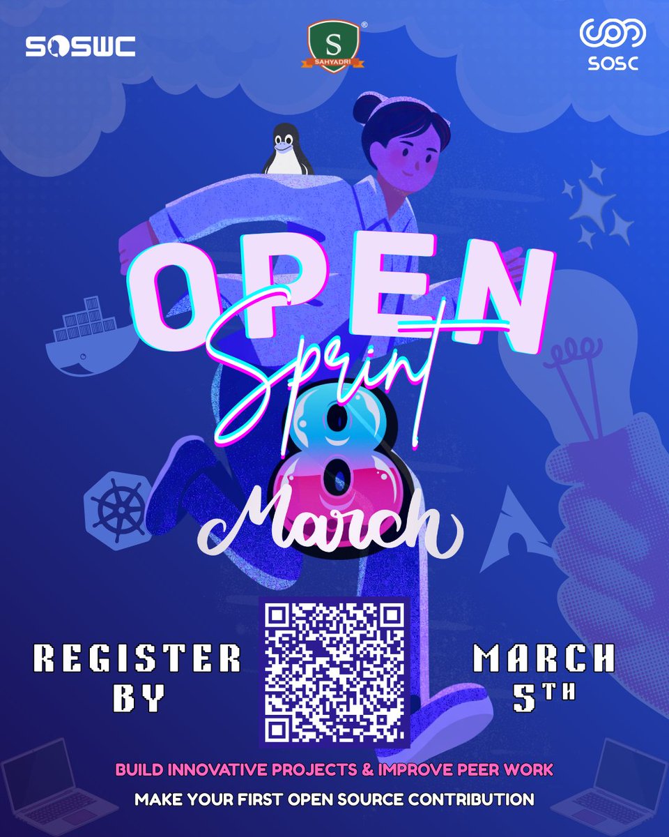 sosc_sahyadri's tweet photo. SOSWC presents Open Sprint 🏁 — a 3-round coding challenge for global impact!
1️⃣ Build bold
2️⃣ Collaborate (PRs)
3️⃣ Go open on GitHub
📍 5th March (Offline)
🚀 Starts: 8th March
⏳ Register by 5th March
#OpenSource #SOSWC #OpenSprint #WomenInTech https://t.co/2DY8eubduC