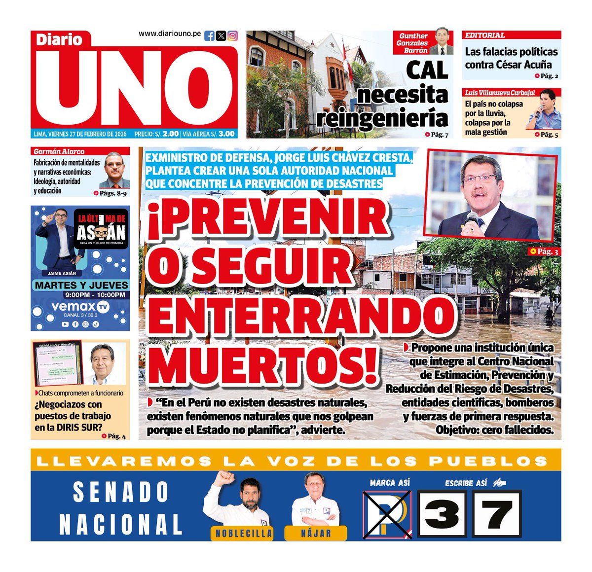 🗞️ Compartimos con ustedes la portada de Diario UNO del viernes 27 de febrero de 2026