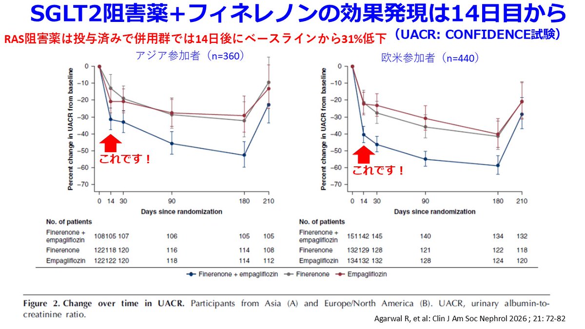 Jun_Hirosena's tweet photo. SGLT2阻害薬は尿路感染・性器感染やInitial dipでは通常、中止しない。可能な限り飲み続けるべき薬
2月15日に「SGLT2阻害薬の副作用対策～安易な中止は避ける！～」とツイートしましたが、この時に引用した図が「26日目で有意な心不全の臨床的利益が現れる」という論文によるものでしたが、実はSGLT2阻害薬はもっと速やかに効果を示すという報告が数多くありました。
最速は心不全イベント抑制（全死亡、心不全誘因、心不全悪化による緊急受診）は投与開始後12日でプラセボ群と有意差（EMPEROR-Reduced試験のサブ解析）じゃないかな？ほかにもフィネレノンとの併用での効果発現は14日目から有意に、あるいは18日で心不全入院や心不全イベント軽減という報告もありました。
さらにエンパグリフロジンの投与を中止すると30日で心血管死や心不全入院が有意に増加するという報告もありましたので図を示します。ということは日本でちょっとした副作用でSGLT2阻害薬の外来投与を1か月間中止するだけで心血管死や心不全入院リスクが1.75倍になるってこと。SGLT2阻害薬は一度投与するとやめられない薬だなと思いました。これは「この薬から逃れなくなる」という悪い意味ではなく、続けたほうが、はるかに得られる利益（より健康により長寿に）が大きいという意味なのです。
尿路感染症も抗菌薬を投与しながらSGLT2阻害薬を継続するのが原則。性器感染症（真菌感染症）は通常は1回のアゾール系抗菌薬で通常治癒するらしいので、重症な Fournier壊疽などの重症例以外ではSGLT2阻害薬は継続するのが原則。eGFRの低下（initial dip）も30％以上のeGFRの低下が認められた場合でも、SGLT2阻害薬の中止を考える前に脱水・利尿薬過量・RAS阻害薬、MRAなど可逆要因を評価し是正するのが原則。
ただし、糖尿病性ケトアシドーシスはかなり重症なので、必ず中止して改善するまで再開しない。再開するときには「悪心・嘔吐・腹痛・倦怠、呼吸促進が起これば速やかに来院すること（シックデイ対策）、SGLT2阻害薬服用時には厳格な糖質制限はしない、こまめな飲水を心掛けること」を指導しましょう。
今回、多くの論文を読んで気づいたことは、SGLT2阻害薬やフィネレノンに関しては一時的に薬代が高くなるよりも将来の重症化による入院治療費が安くなり、止めるよりも得られるベネフィットのほうがはるかに大きい。すなわち「SGLT2阻害薬の心腎保護、さらに様々な細胞内での代謝改善作用の利益も大きい。だから中止することによる不利益を避けるためには安易な中止は避ける！」ってことだ。